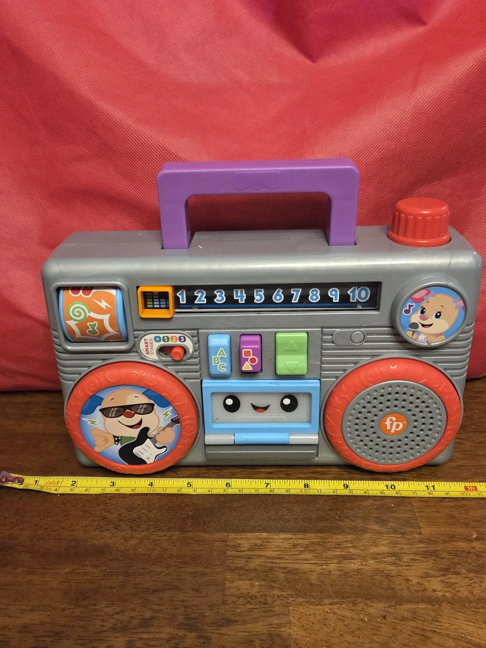 Fisher-Price Gray Learning Boombox Toy with Purple Handle and Red Accents
